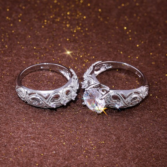"Luxury Vintage Silver Flower Engagement/Wedding Ring Set for Couple, VIP275 - Picture 3 of 5